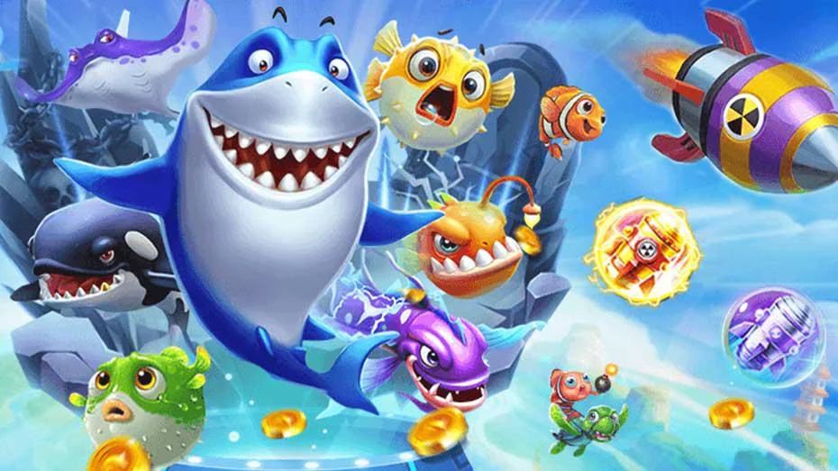 ภาพประกอบเกมยิงปลาและเป้าหมายเคลื่อนที่บนหน้าจอ