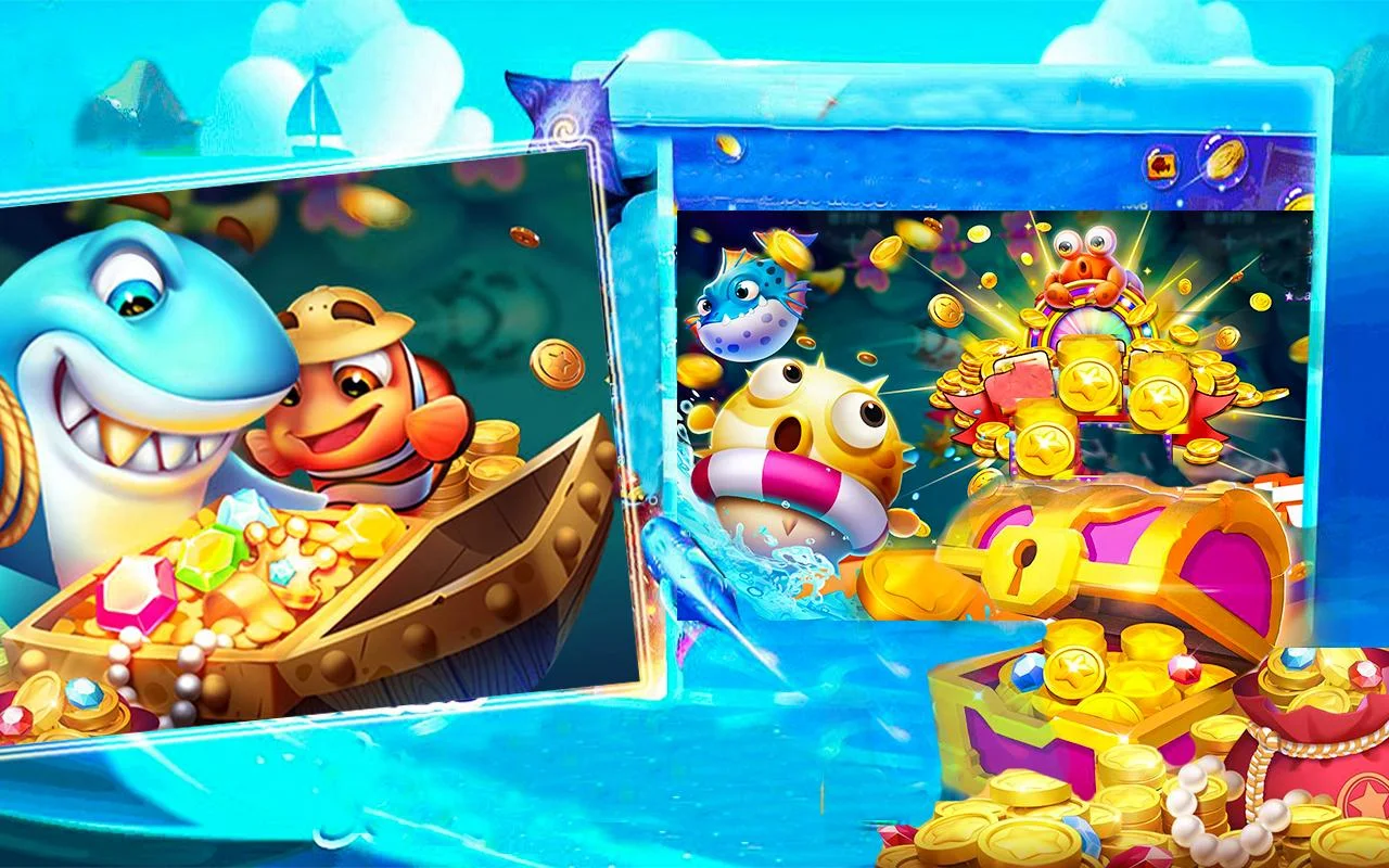ภาพประกอบเกมยิงปลาที่มีปุ่มควบคุมและเป้าหมายหลายชนิด